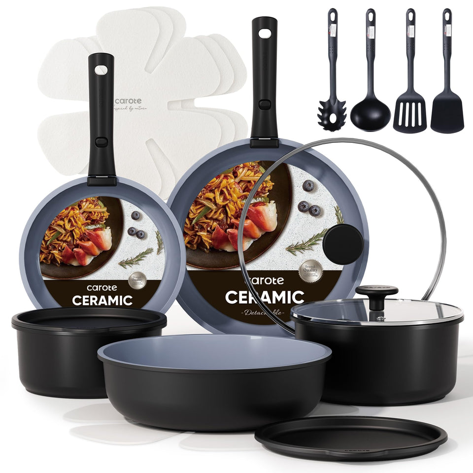 CAROTE 19-piece ceramic cookware set shown in a full kitchen, versatile and easy to clean.