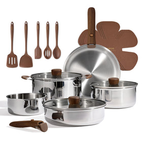 CAROTE 19-piece cookware set with detachable handle for easy storage and cool-touch lifting.