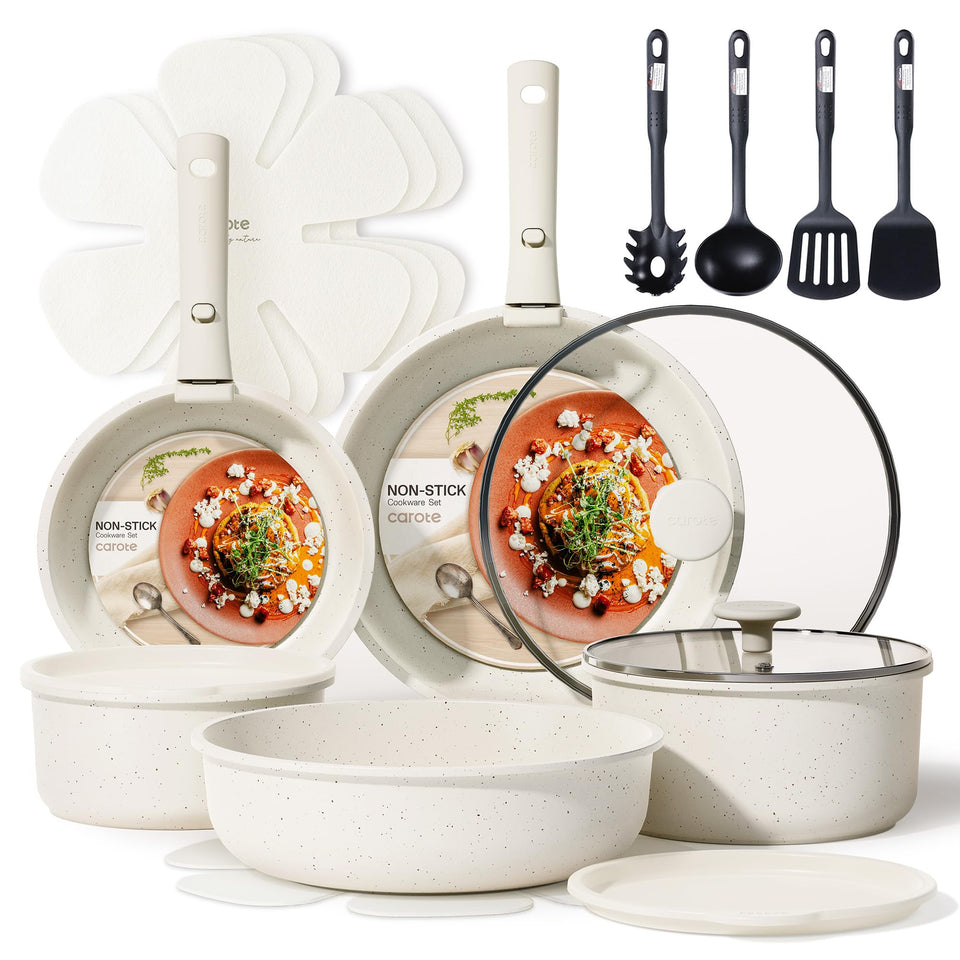 CAROTE 19-piece set with detachable handle for compact storage and versatile cooking.