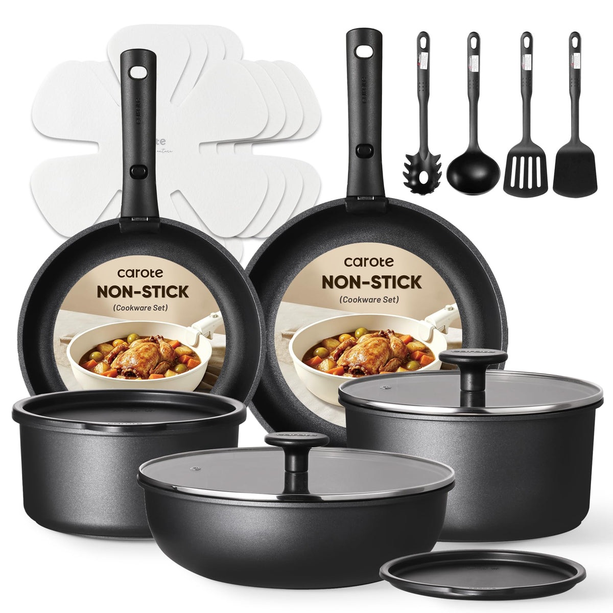 CAROTE 19Pcs pots and pans set with detachable handles shown for space-saving RV kitchen use.