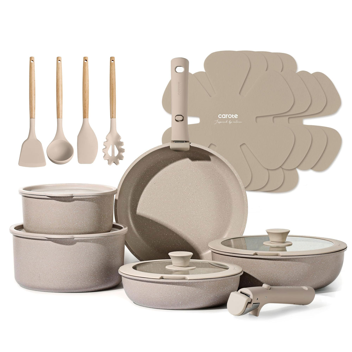 CAROTE 19pcs set with detachable handles for space-saving versatility.