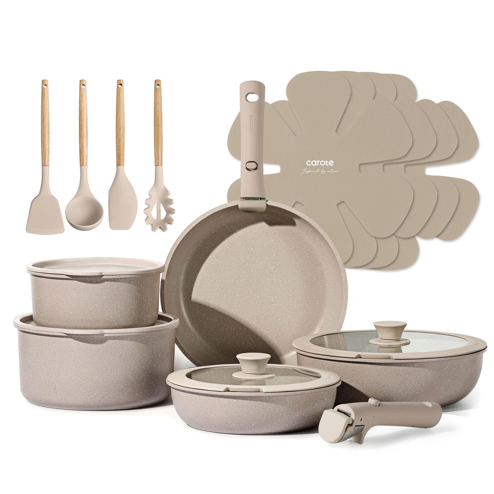 CAROTE 19pcs set with detachable handles for space-saving versatility.