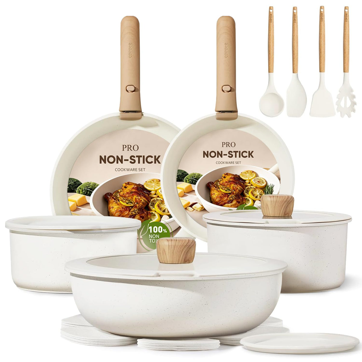 CAROTE 19-piece pots and pans set shown as a full cookware collection for versatile meals and space-saving storage.