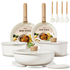 CAROTE 19-piece pots and pans set shown as a full cookware collection for versatile meals and space-saving storage.