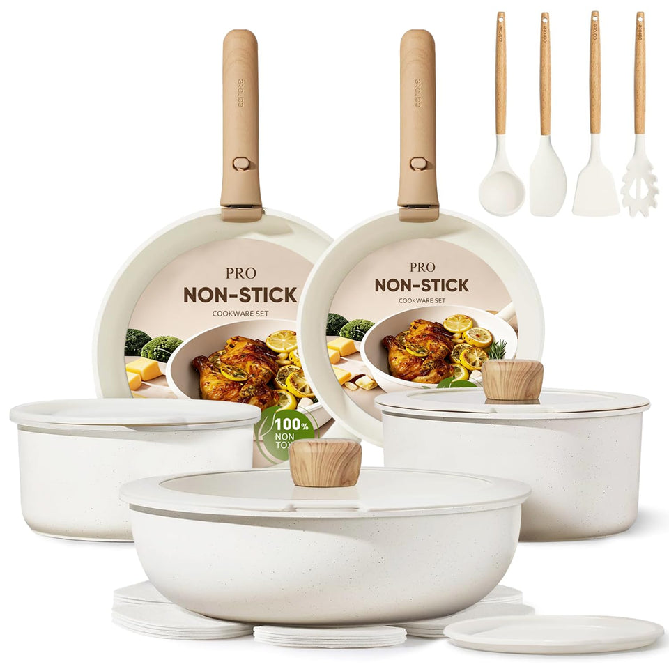 CAROTE 19-piece pots and pans set shown as a full cookware collection for versatile meals and space-saving storage.