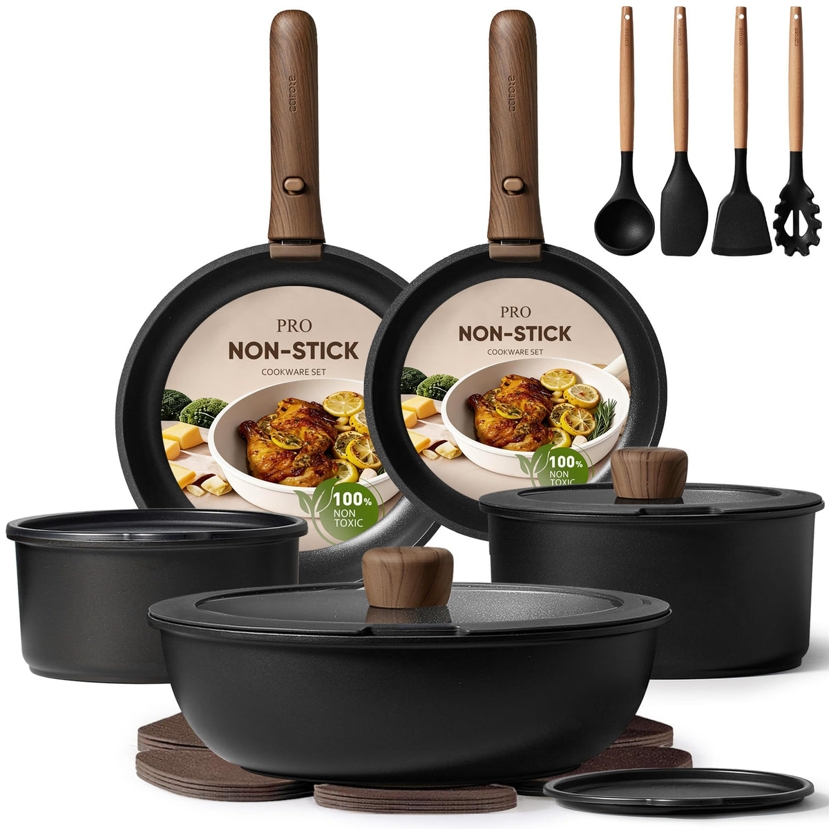 CAROTE 19-piece set with detachable handle for compact storage.