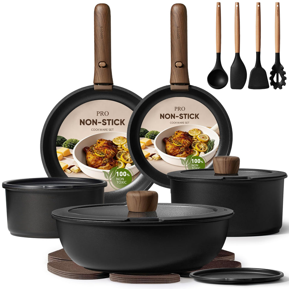 CAROTE 19-piece set with detachable handle for compact storage.