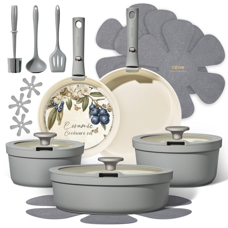 CAROTE 20-piece ceramic cookware set with detachable handles for flexible cooking.