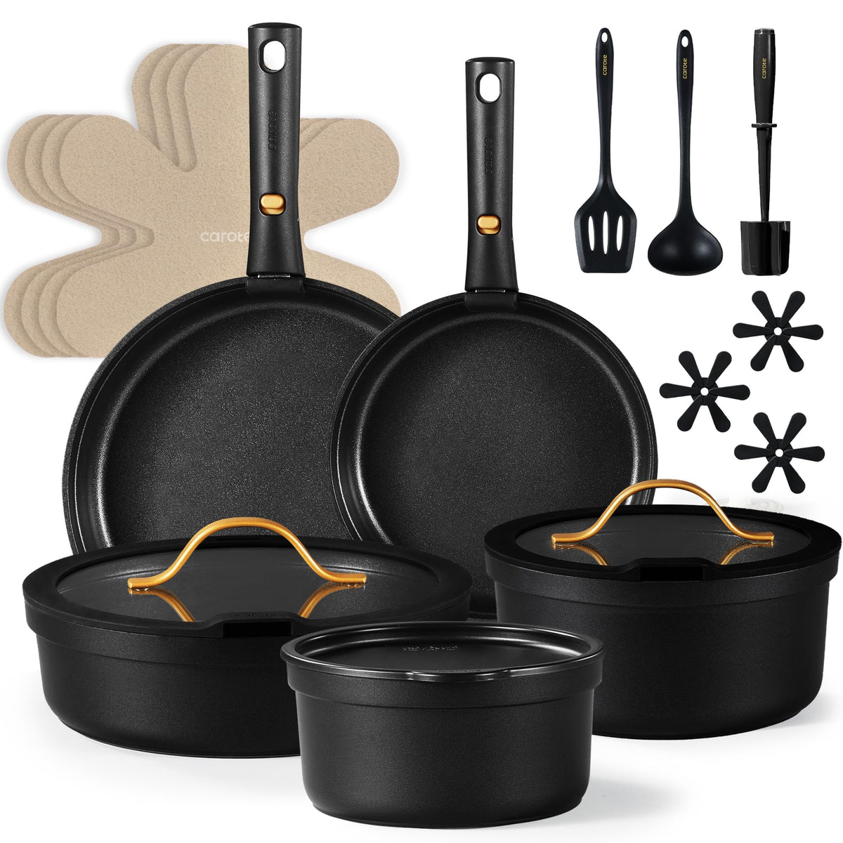 CAROTE 20pcs pots and pans set from top view showing compact storage
