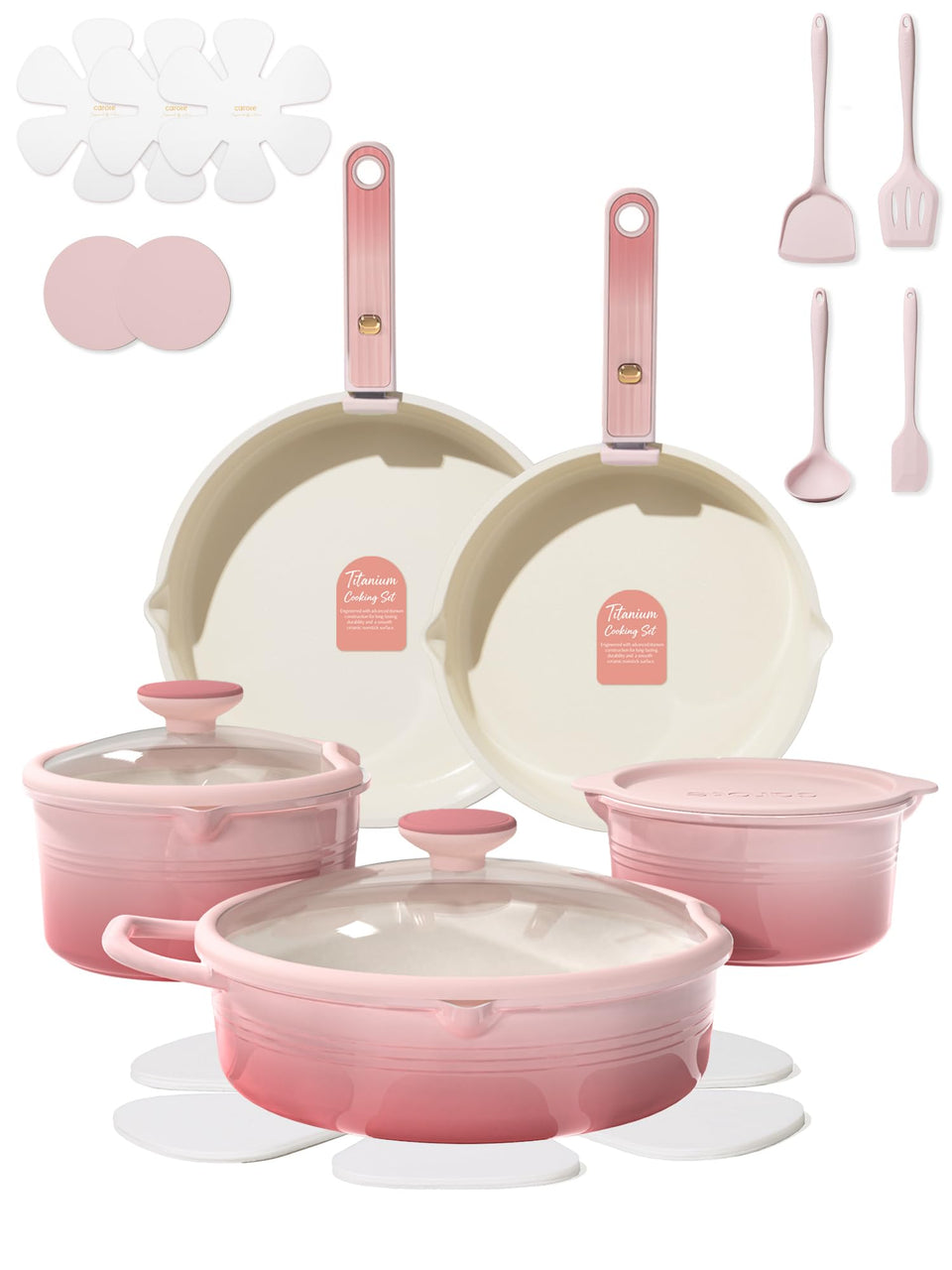 CAROTE 20Pcs titanium cookware in pink kitchen scene for everyday meals.