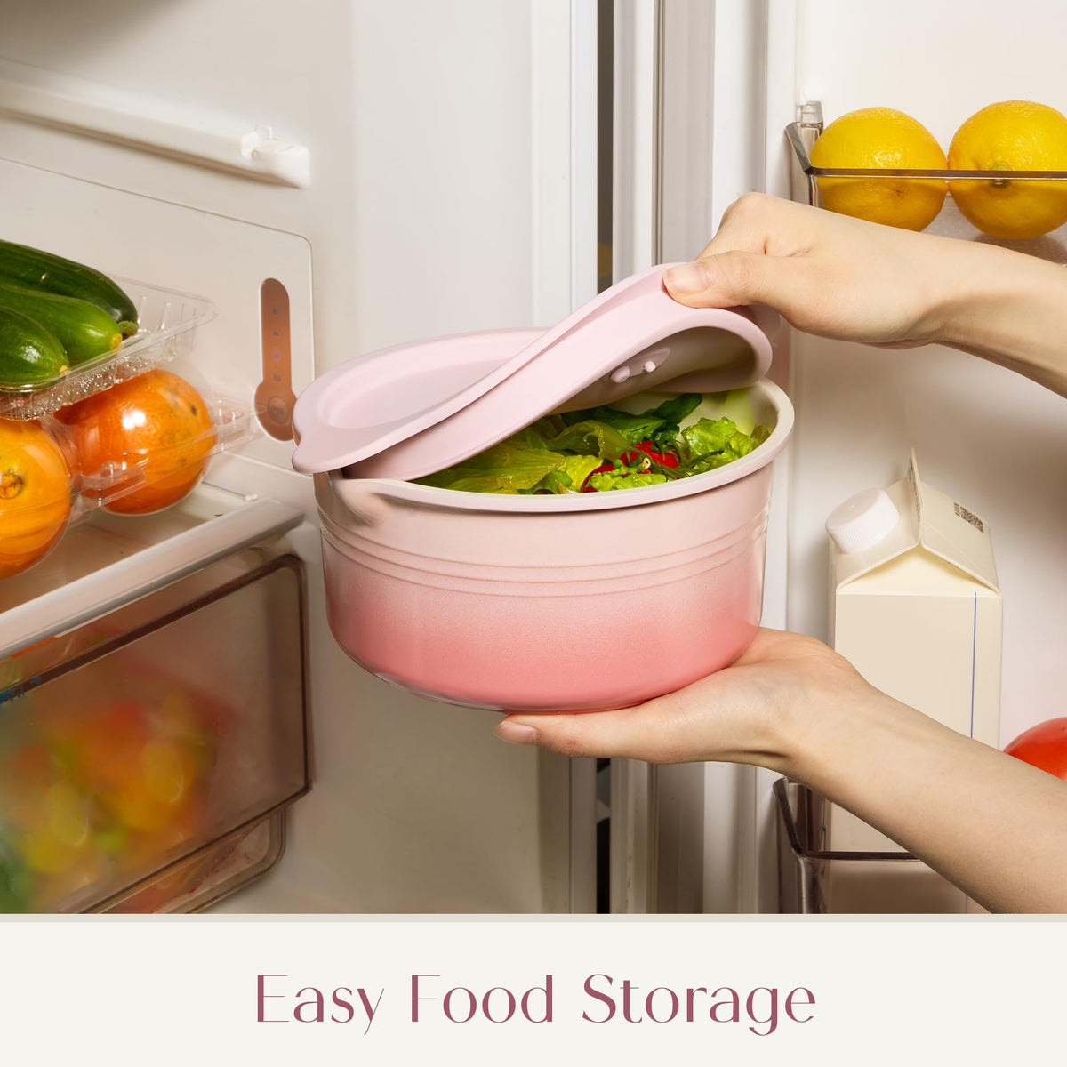 Nestable design saves cabinet space in compact kitchens.