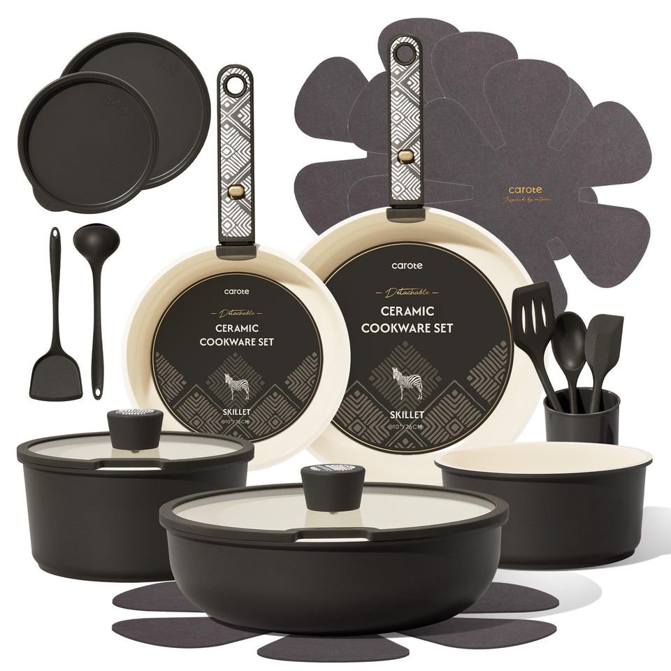 CAROTE 21-piece ceramic cookware with detachable handles for compact storage.