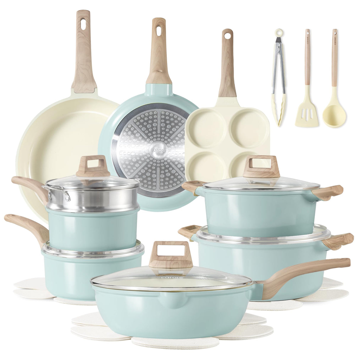 CAROTE 21-piece ceramic pots and pans set, versatile nonstick surface for easy cooking.