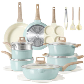 CAROTE 21-piece ceramic pots and pans set, versatile nonstick surface for easy cooking.