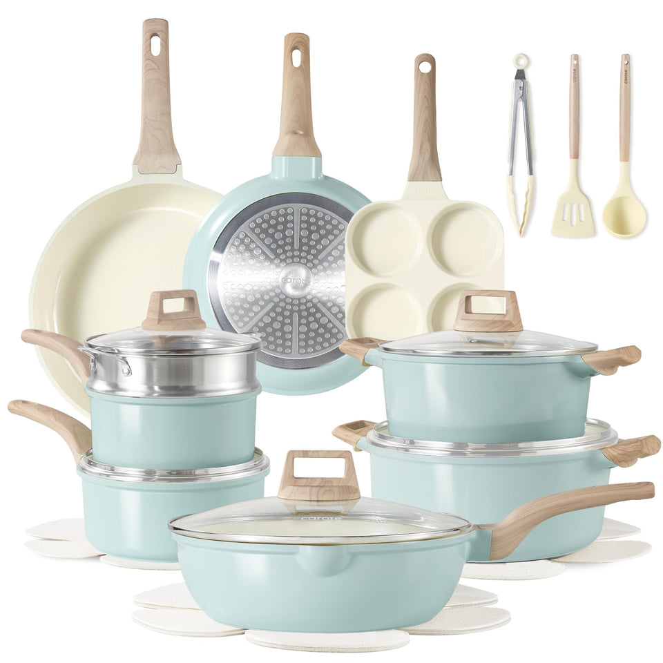 CAROTE 21-piece ceramic pots and pans set, versatile nonstick surface for easy cooking.
