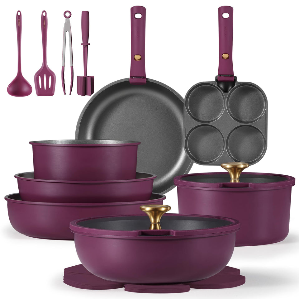 CAROTE 21pc pots and pans set with detachable handles showcasing space-saving design