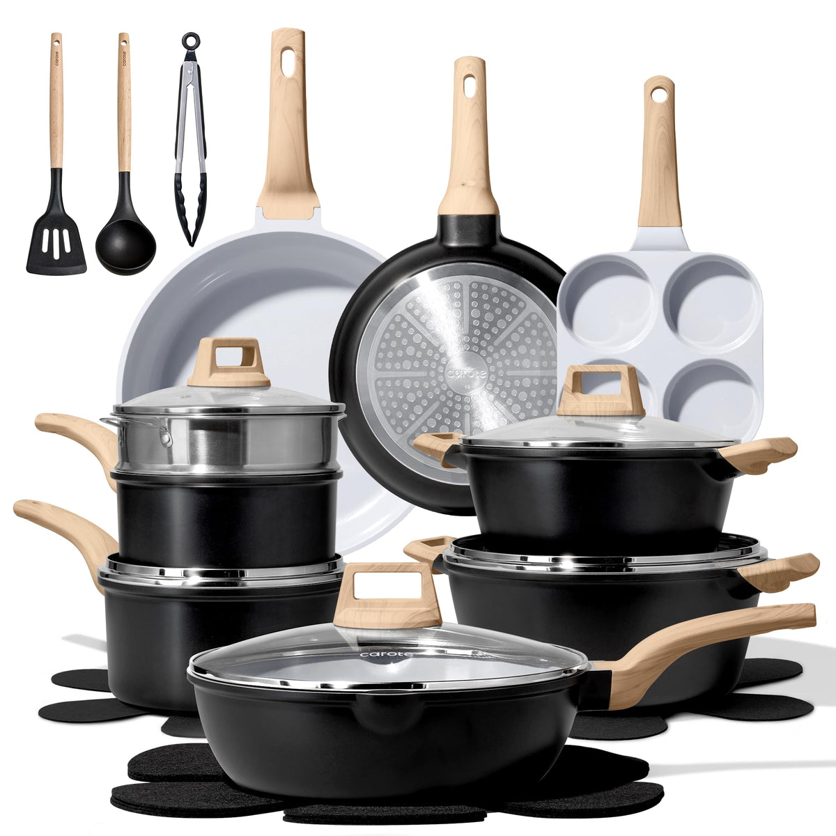CAROTE 21pc nonstick cookware on stovetop showing even heat distribution