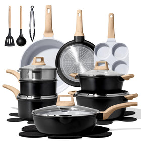 CAROTE 21pc nonstick cookware on stovetop showing even heat distribution