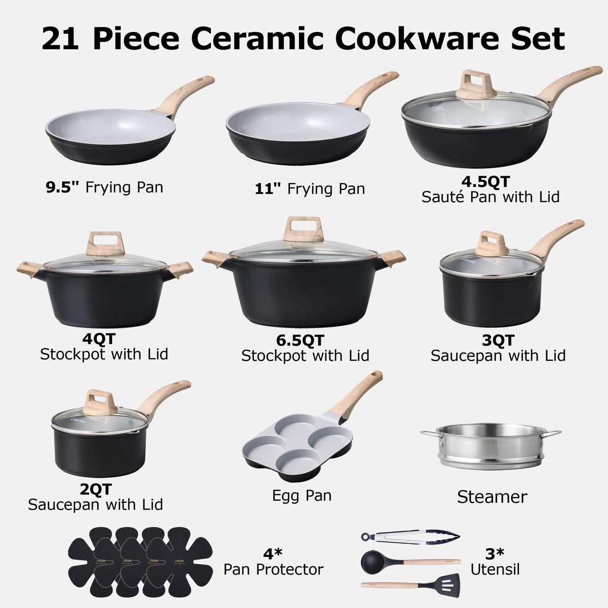 CAROTE 21pc nonstick granite coating close-up highlights durability and easy release