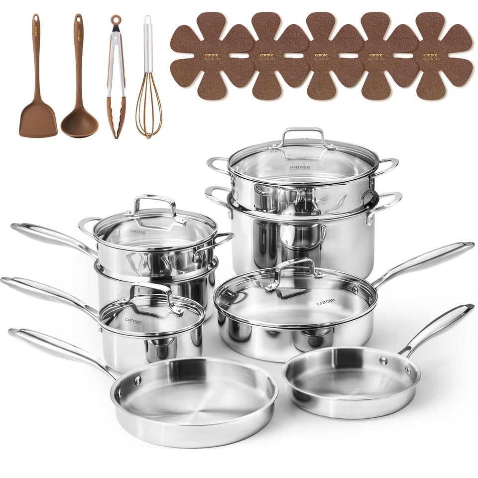 CAROTE 21pc tri-ply set on stove delivering even heating for consistent browning.