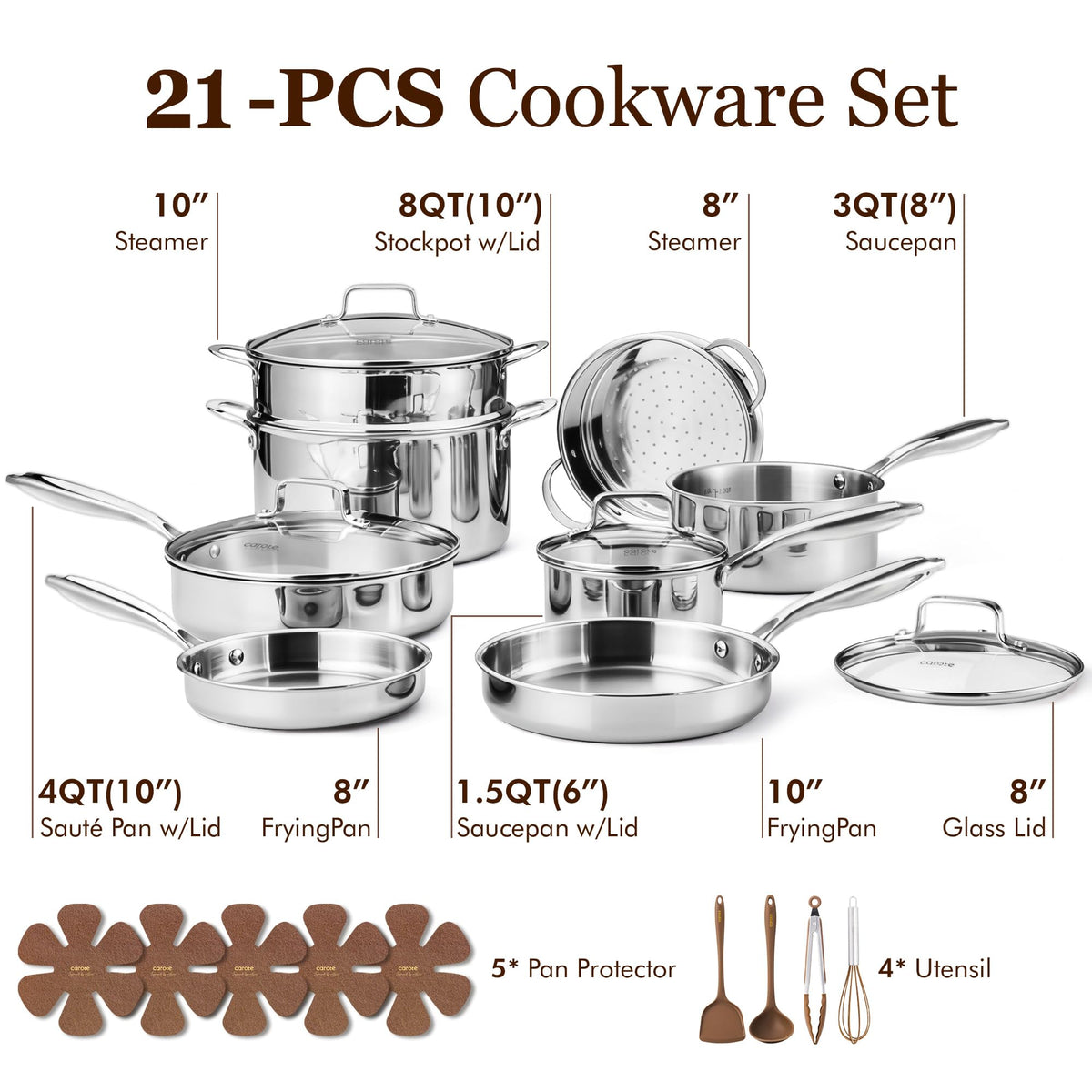 CAROTE 21pc tri-ply set with glass lids lets you monitor simmering without heat loss.