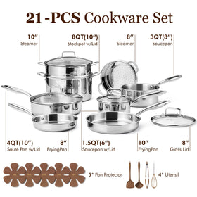 CAROTE 21pc tri-ply set with glass lids lets you monitor simmering without heat loss.