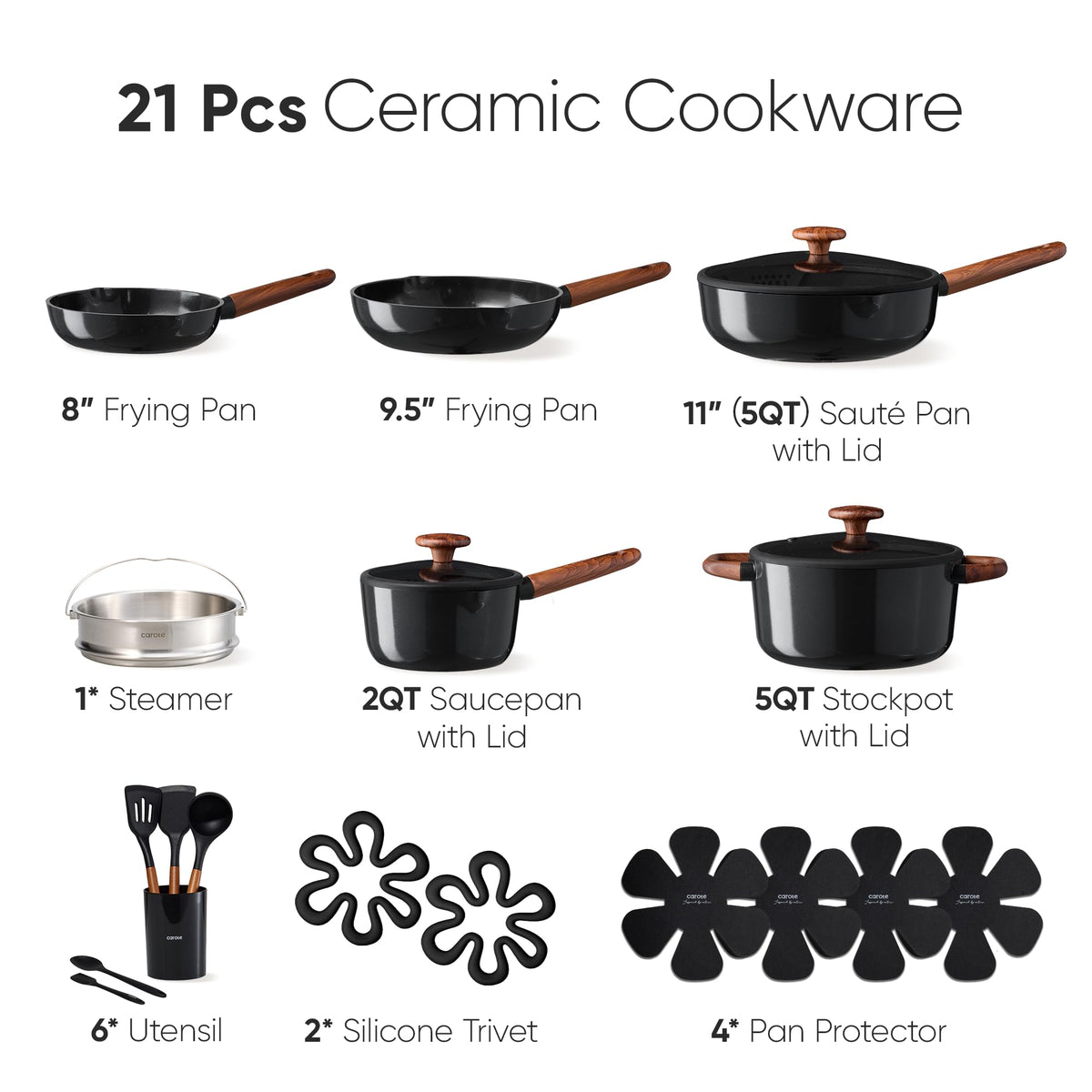 CAROTE 21pcs set: 9.5-inch fry pan ideal for sauté and browning.