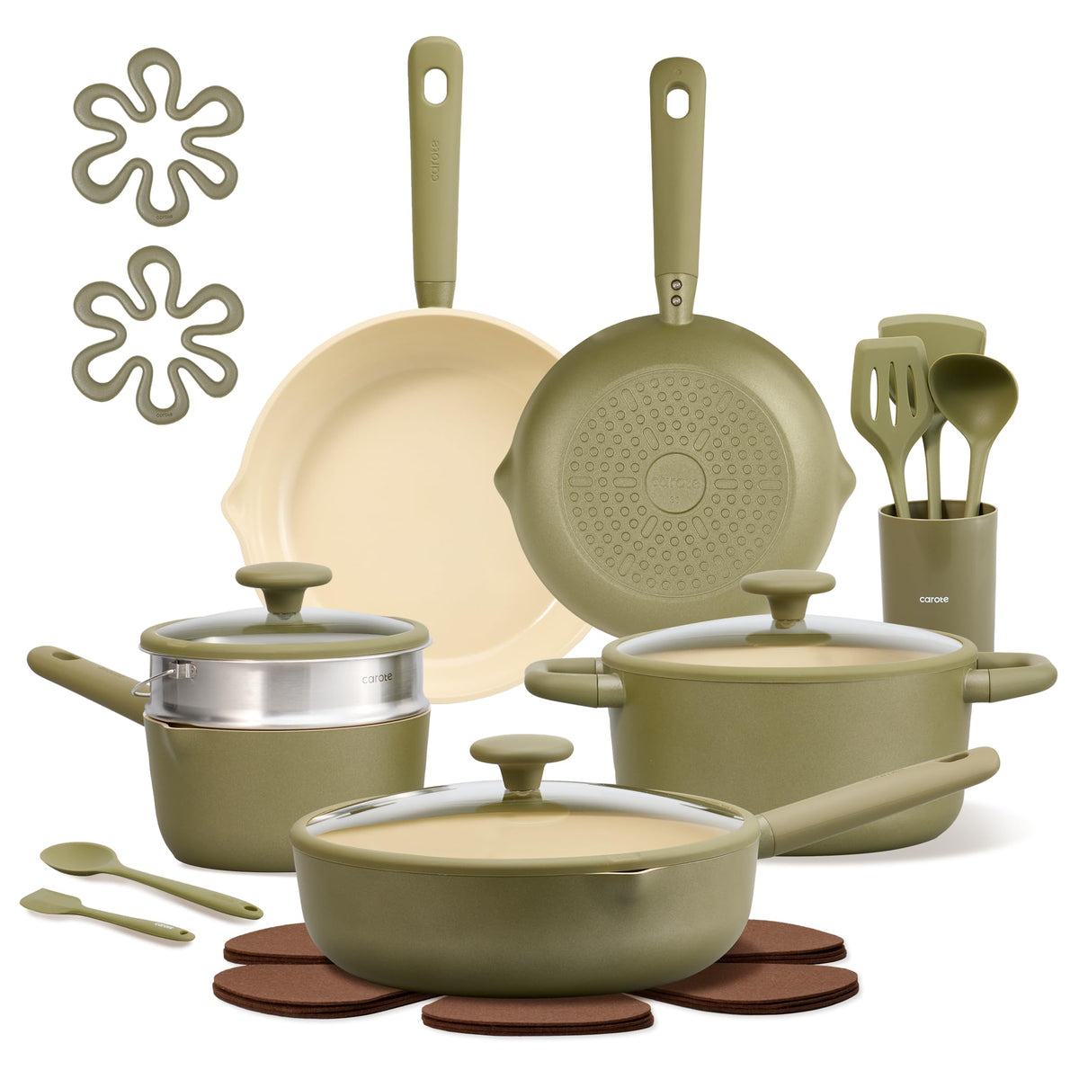 CAROTE 21pc ceramic nonstick cookware set shown on stove for simple, even heating.