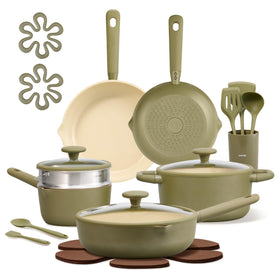 CAROTE 21pc ceramic nonstick cookware set shown on stove for simple, even heating.
