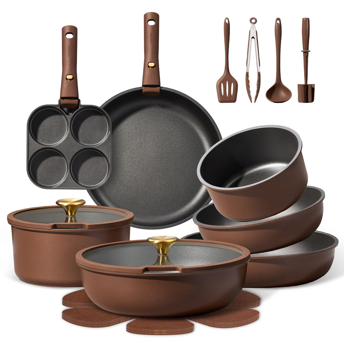 CAROTE 21-piece pots and pans set shown with compact stackable design for space-saving storage.