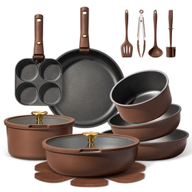 CAROTE 21-piece pots and pans set shown with compact stackable design for space-saving storage.
