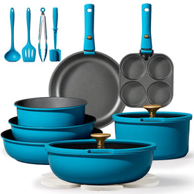 CAROTE 21pcs pots and pans set on counter highlighting space-saving storage.