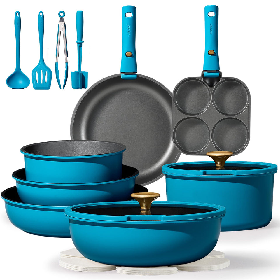 CAROTE 21pcs pots and pans set on counter highlighting space-saving storage.