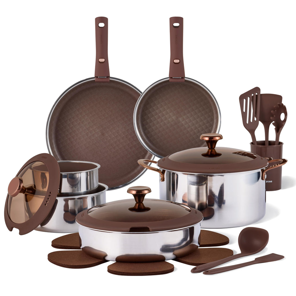Carote 22pcs cookware with detachable handle enables flexible stovetop or oven use.