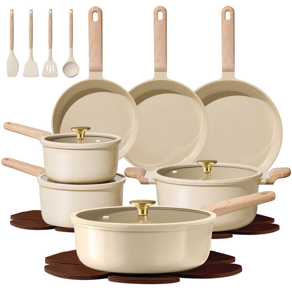 CAROTE 22Pcs ceramic coated cookware for effortless release and simple cleaning