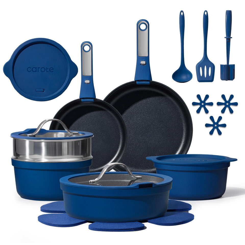 CAROTE 22-piece set with nonstick surface for easy release and cleanup.