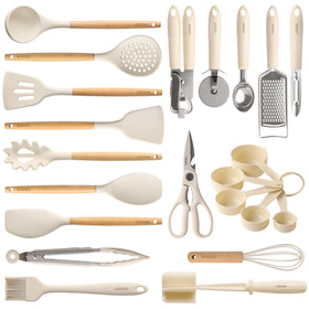 CAROTE silicone spatula with wood handle; heat resistant and safe for nonstick pans.