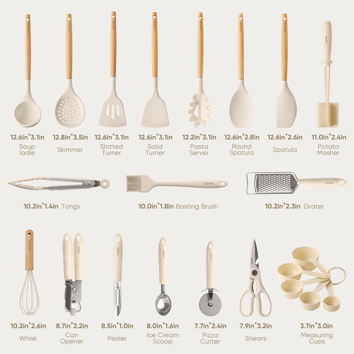 CAROTE silicone turner in cream white with wood handle; gentle on cookware and easy to clean.