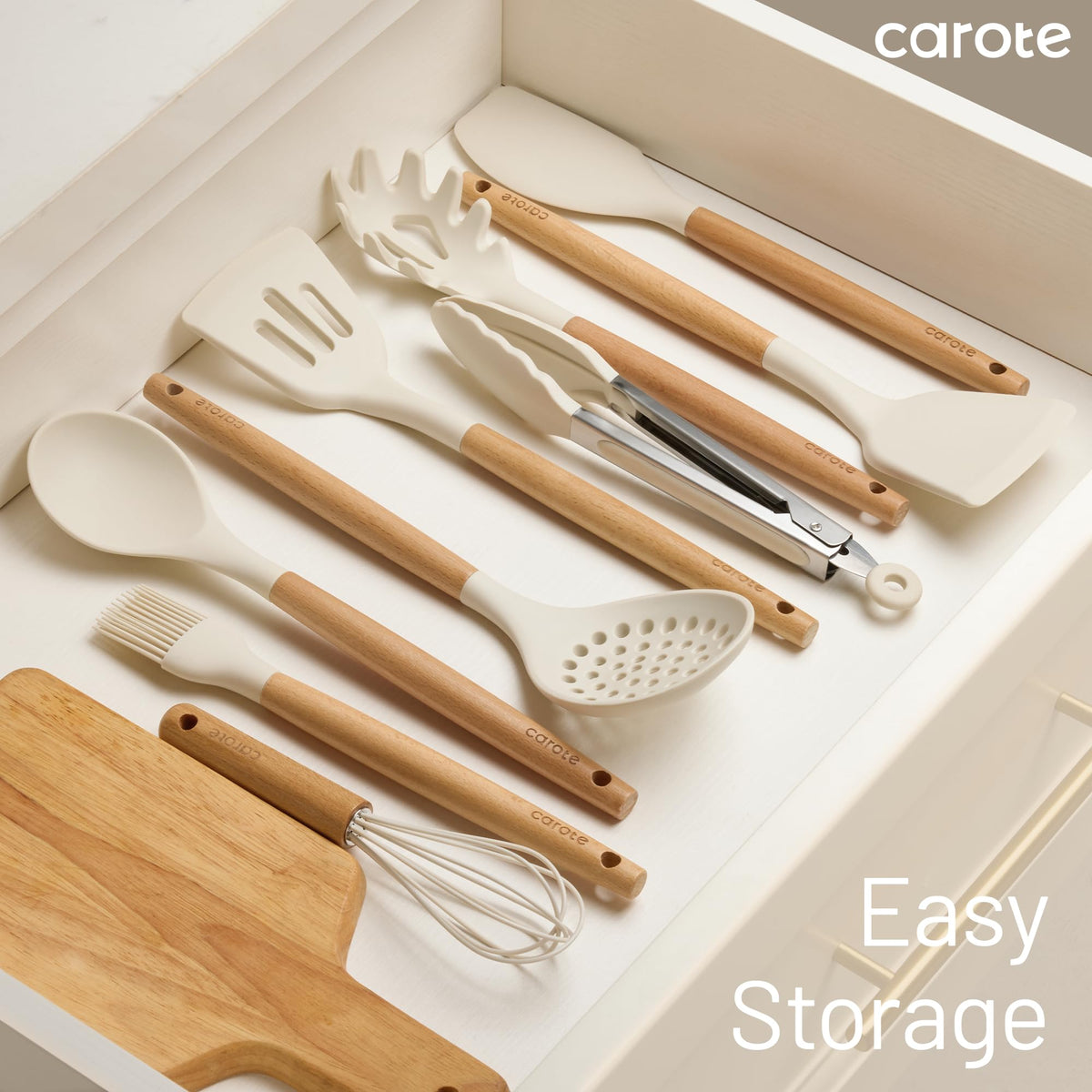 CAROTE wooden-handle design; elegant storage with hanging holes.