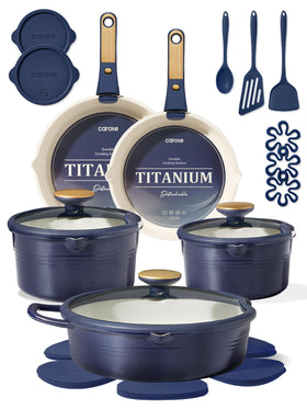 CAROTE 22pcs titanium cookware set, complete kit for versatile everyday cooking.
