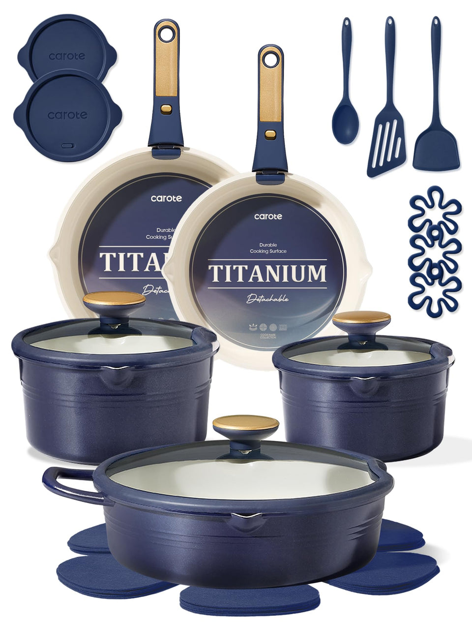 CAROTE 22pcs titanium cookware set, complete kit for versatile everyday cooking.