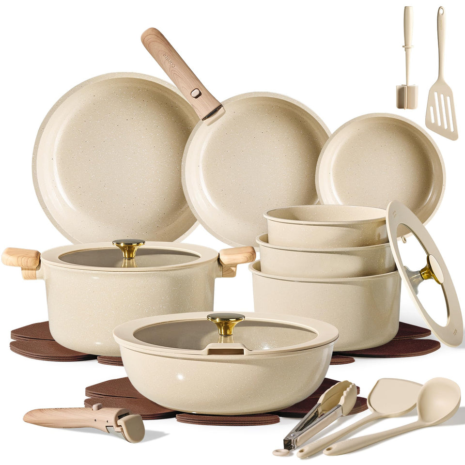 CAROTE 25-piece ceramic cookware set overview showing versatility and space-saving design.