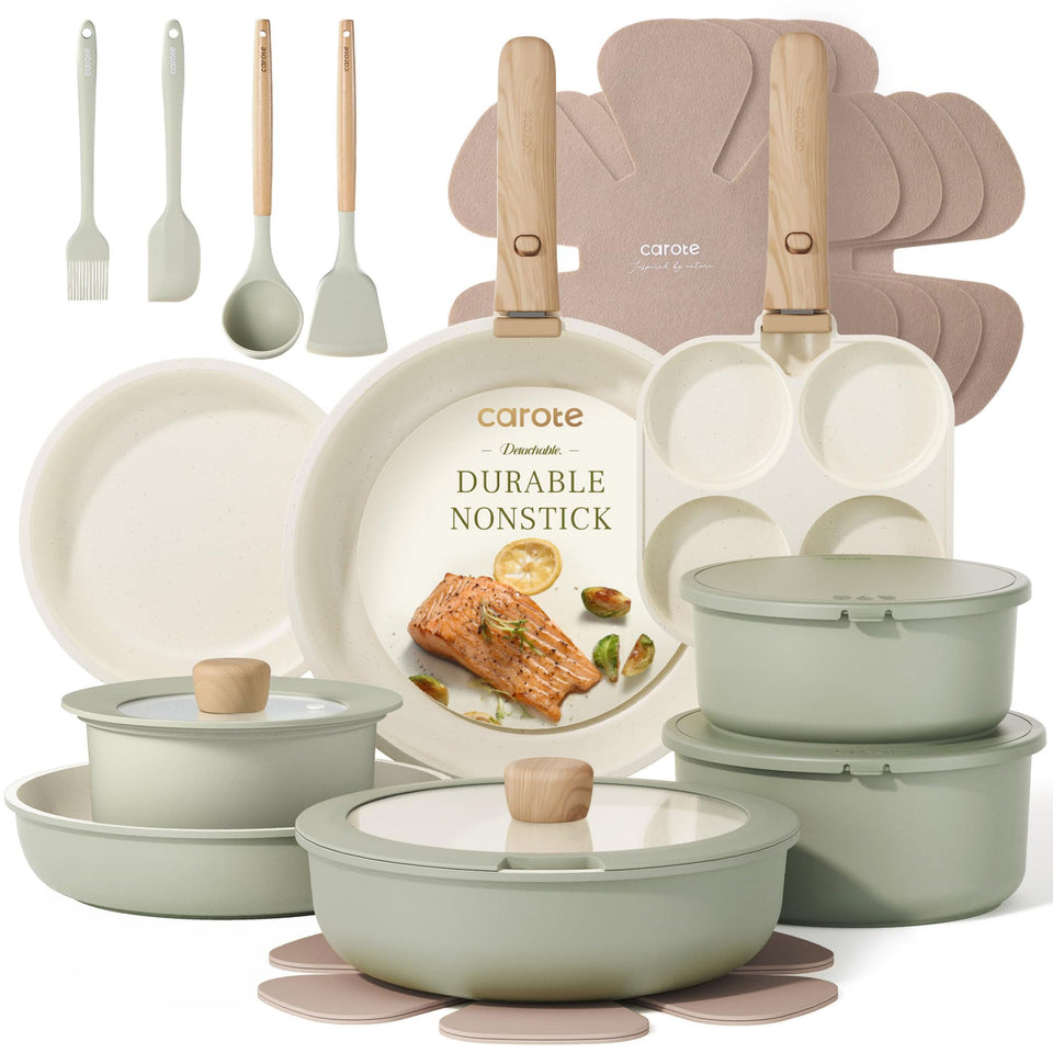 CAROTE 25pcs pots and pans set with detachable handles for compact storage