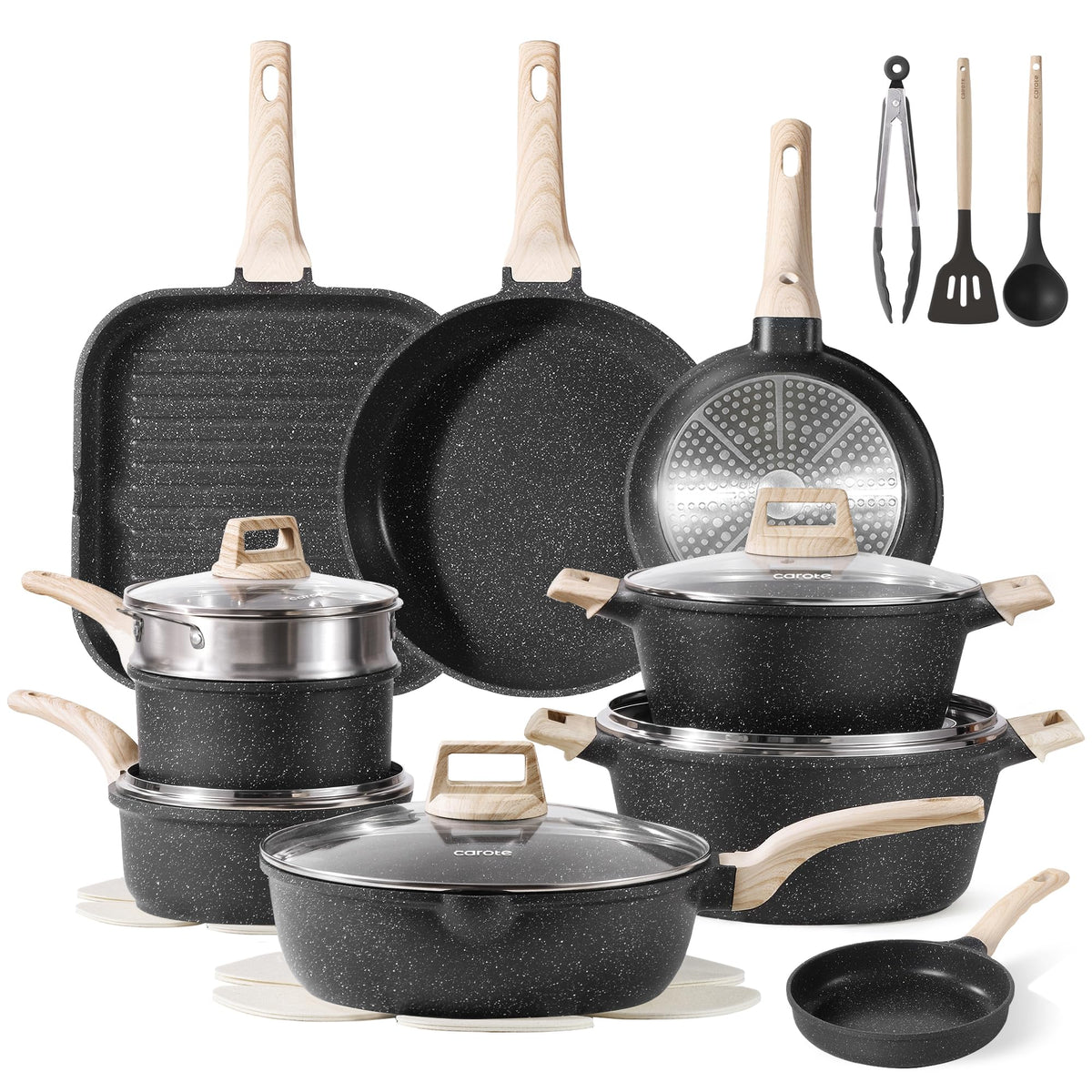 CAROTE 26-piece pots and pans set for versatile home cooking on induction.