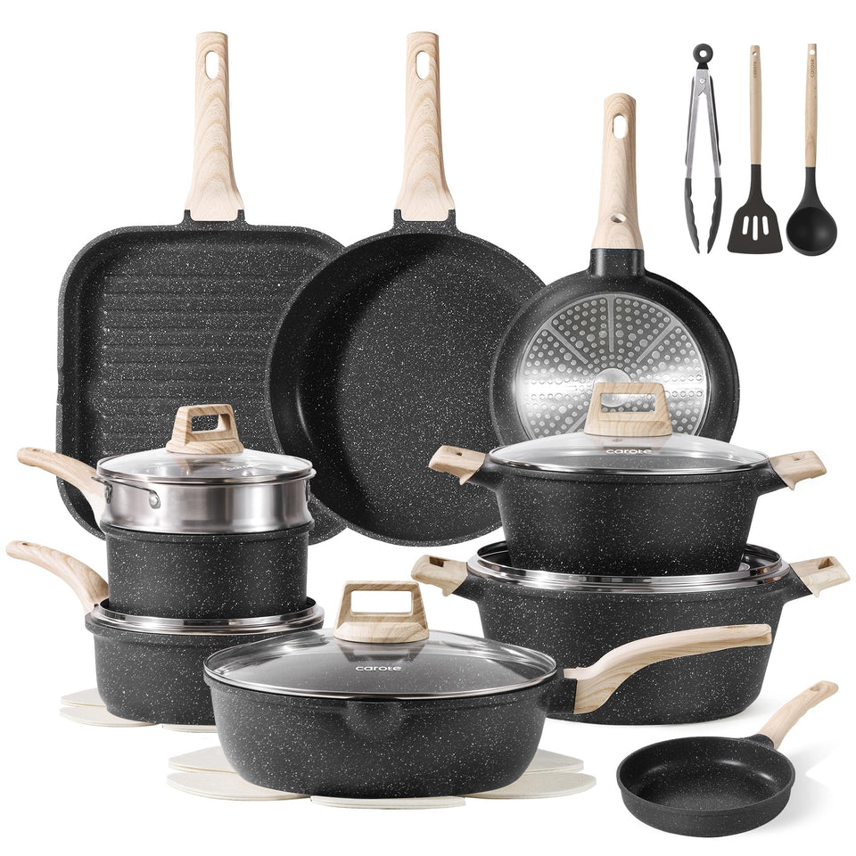 CAROTE 26-piece pots and pans set for versatile home cooking on induction.