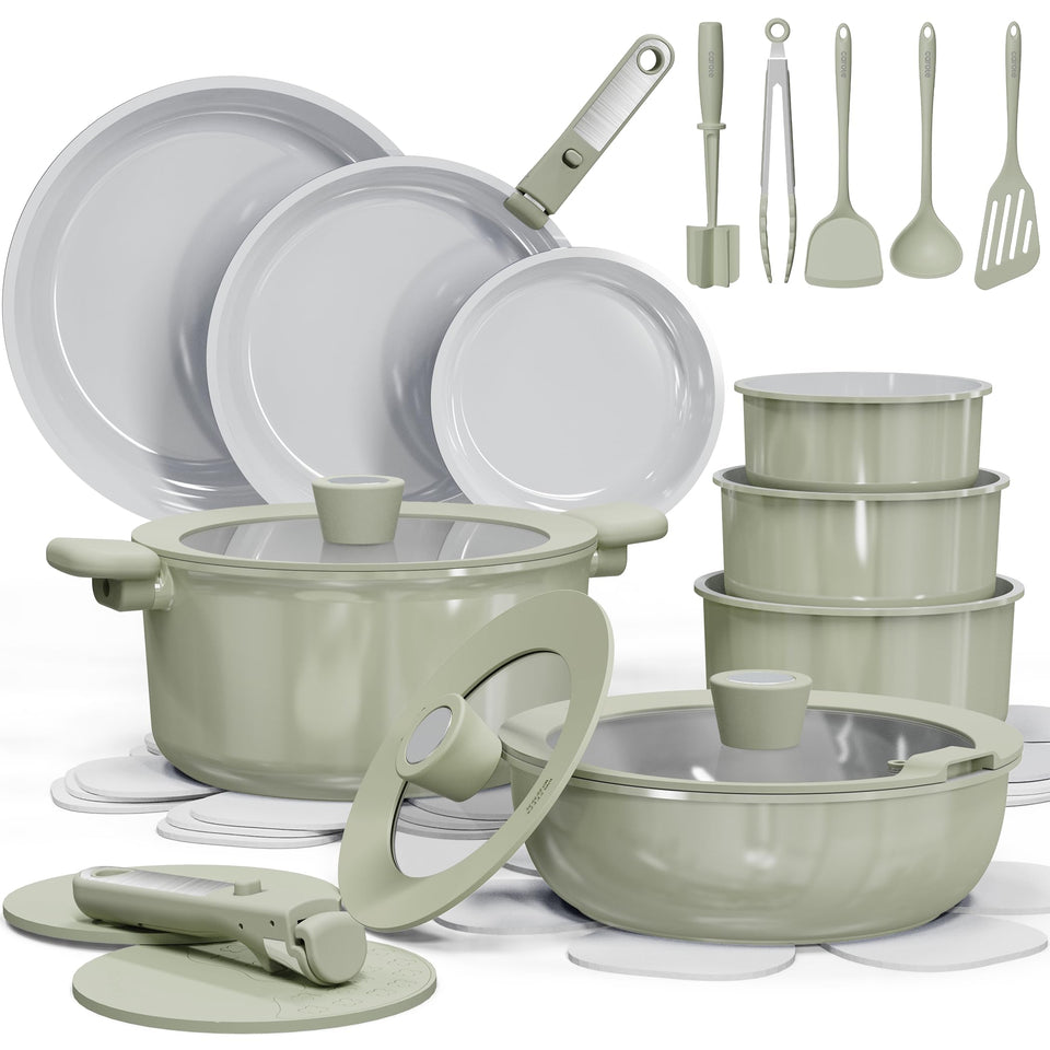 CAROTE 27pcs ceramic cookware set front view shows nonstick coating for easy release