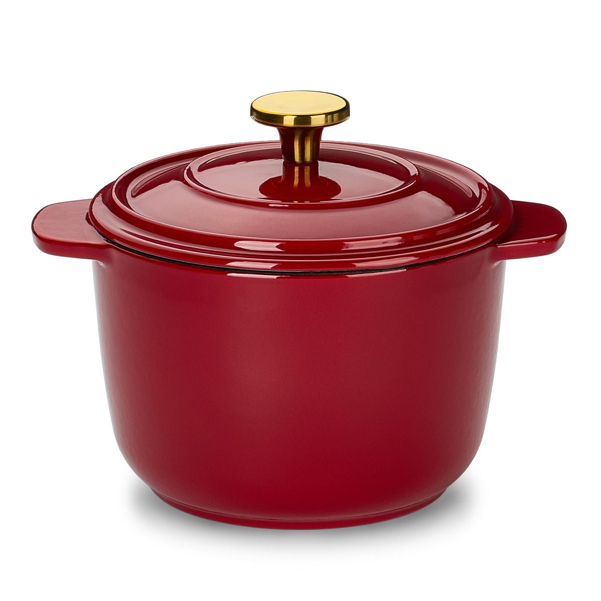 CAROTE 2QT enameled cast iron Dutch oven with lid in red for versatile searing and simmering.