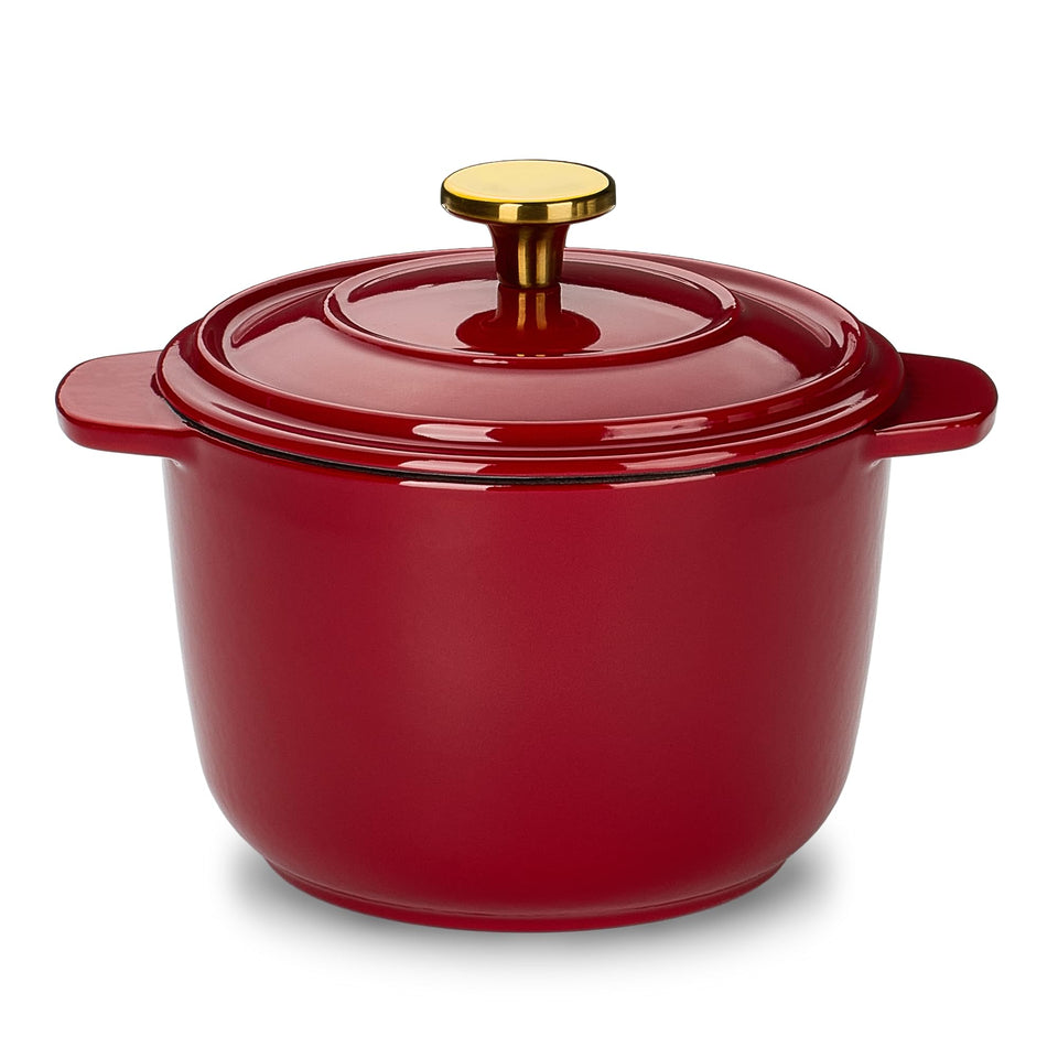 CAROTE 2QT enameled cast iron Dutch oven with lid in red for versatile searing and simmering.