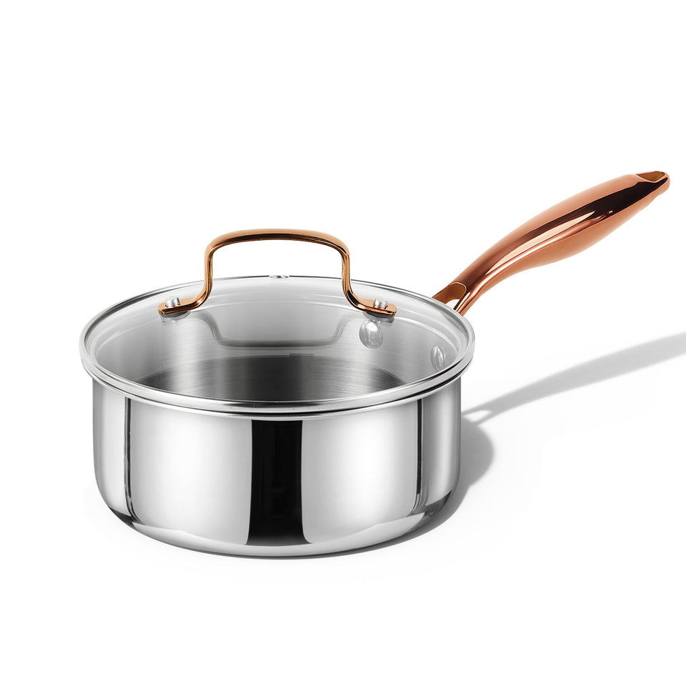 CAROTE 2Qt saucepan set top view shows tri-ply construction for even heating.