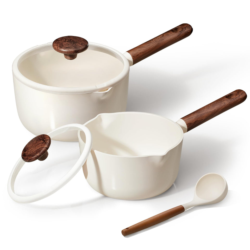 CAROTE 2QT sauce pan with lid shows ceramic nonstick coating for easy cooking.